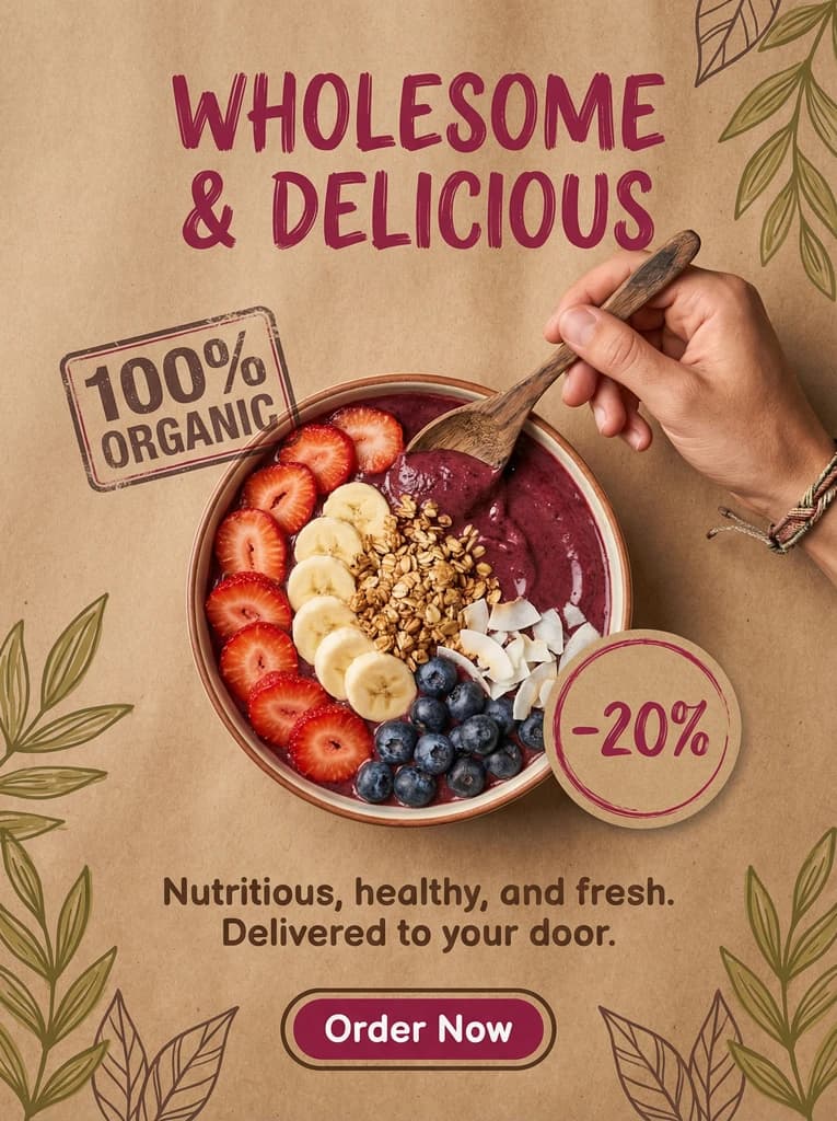 AI-generated food ad — wholesome organic bowl with berries
