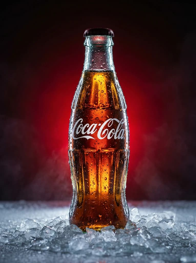 AI-generated product photo — Coca-Cola bottle with dramatic lighting