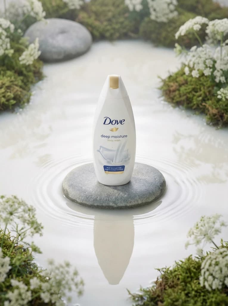 AI-generated product photo — Dove body wash in zen garden