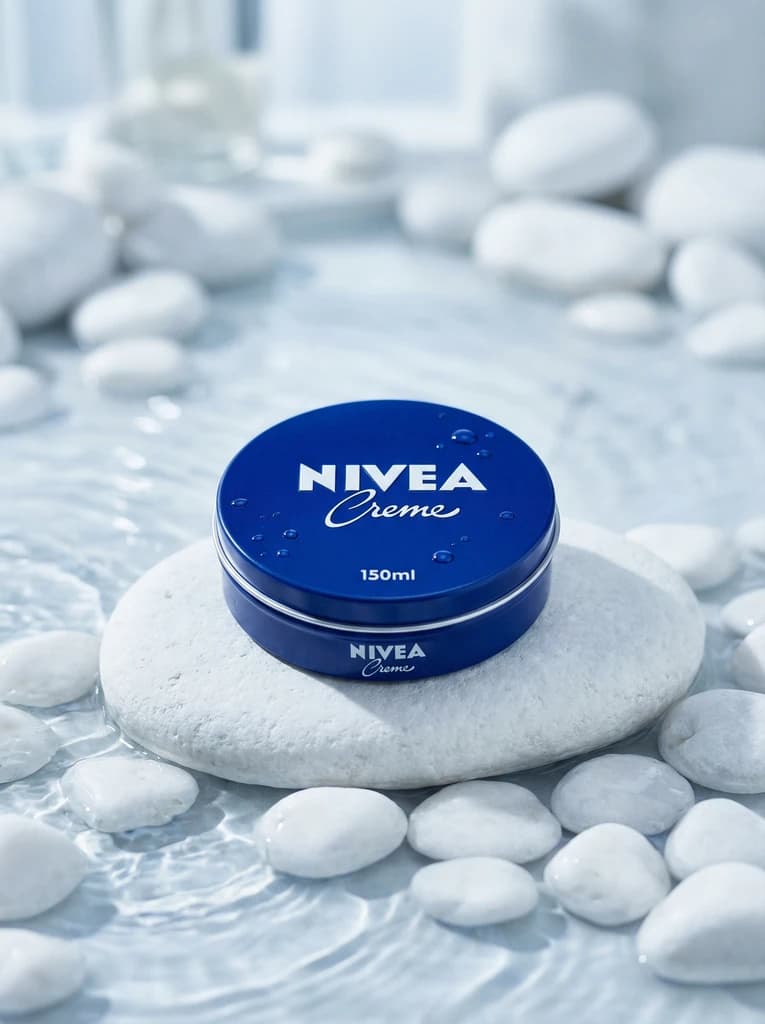 AI-generated product photo — Nivea cream with water droplets