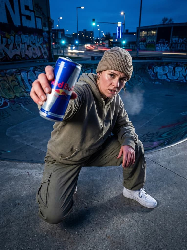 AI-generated UGC content — skater with Red Bull energy drink