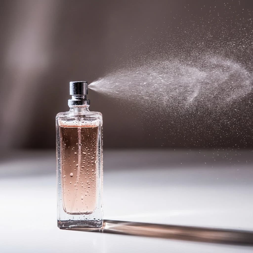 AI-generated perfume product shot with spray mist